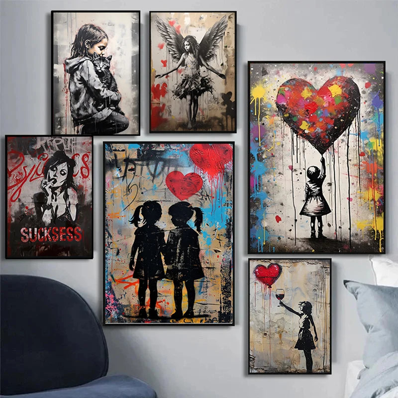 Pop Street Graffiti Wall Art Banksy Boy Girl with Balloon on Canvas Posters and Prints Painting for Living Room Home Decor Gifts