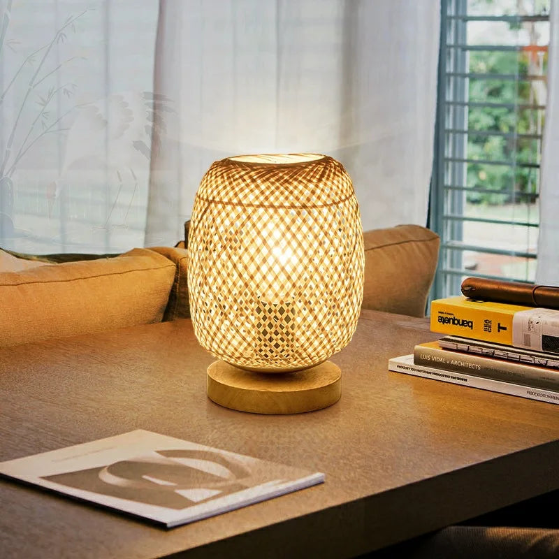 Bamboo Woven Table Lamp with Natural Wooden Base Bedroom Bedside Night Light Handcraft Reading Desk Home Decor