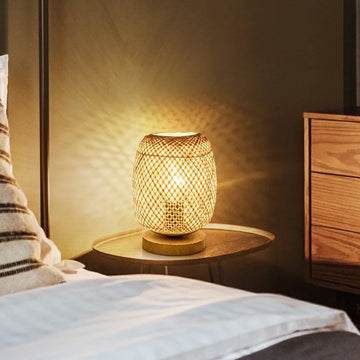 Bamboo Woven Table Lamp with Natural Wooden Base Bedroom Bedside Night Light Handcraft Reading Desk Home Decor