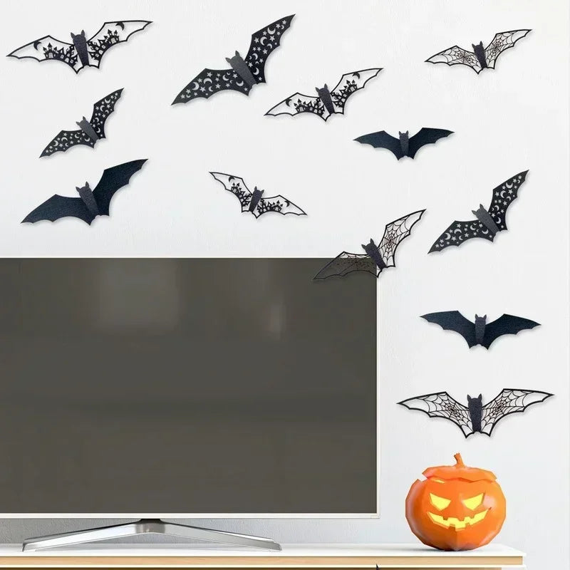12pcs Halloween Decoration 3D Bat Wall Stickers Hollow Black Bat for DIY Halloween Party Horror House Scary Decal Decor