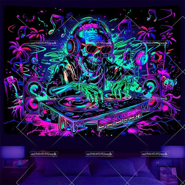 Skull Blacklight Tapestry UV Reactive Trippy Hip Hop DJ Skeleton Tapestry Neon Wall Hanging Room Decor Aesthetic Party Backdrops