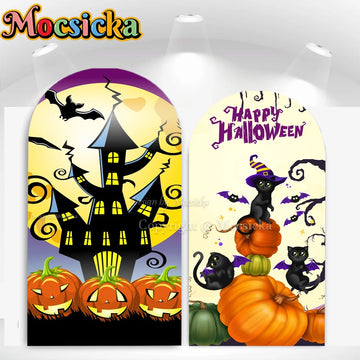 Mocsicka Custom Chiara Arch 2-sided Backdrop Halloween Witch Baby Castle Party Background Bat Pumpkin Moon Decor Photo Booth