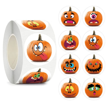 100-500pcs Halloween Pumpkin Roll Stickers 1inch, 8 designs Pumpkin Face Children's Party Decoration