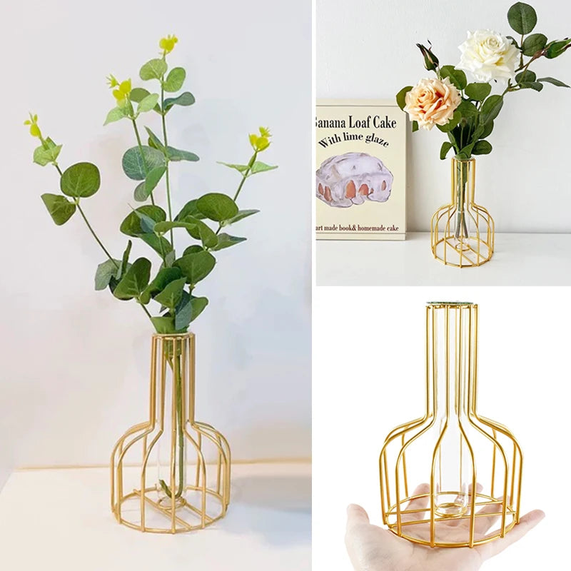 1 Set Golden Vase Metal Flowers Pot Hydroponic Container Test Tube Vase Modern Luxurious Home Desk Decoration Alloy Glass Vases