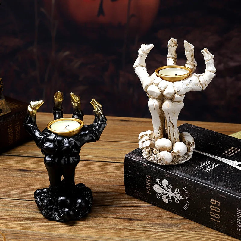 Halloween Skull Mask Palm Candlestick Resin Ornament Horror Room Escape Tabletop Decorative Props