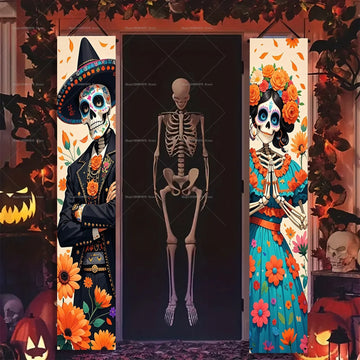 Day of The Dead Decorations Porch Signs Banners Mexican Fiesta Sugar Skull Flowers Hanging Banner Halloween Party Decor Supplies