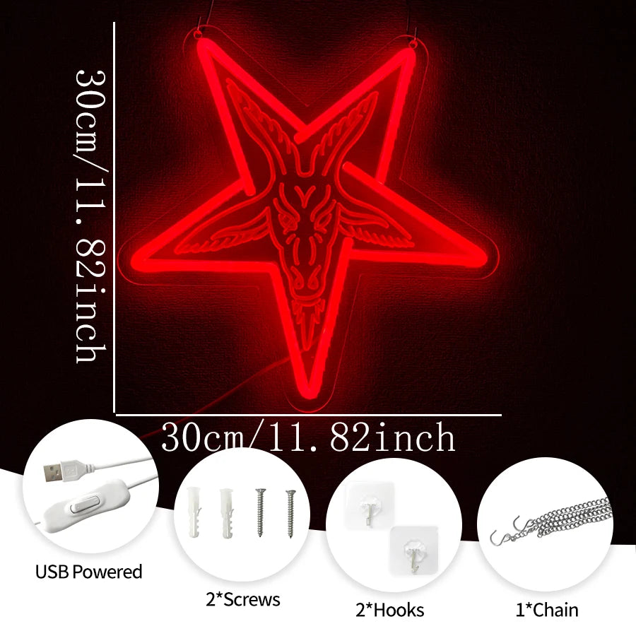 Baphomet Gothic Neon Sign, Three-Dimensional Carved Lambs And Inverted Five-Pointed Star Wall Art Wall Lamps, Home Decoration.