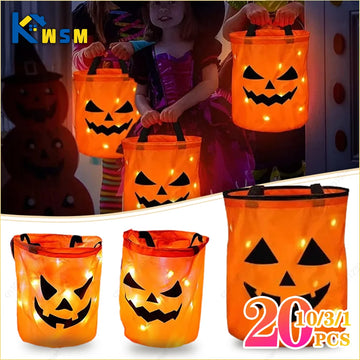 1-20PC LED Halloween Pumpkin Basket Light Up Candy Tote Bag for Kids Trick or Treat Party Gift Bucket for Holiday Decoration Use