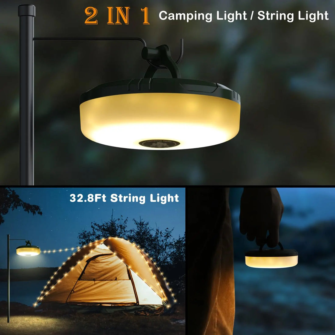 2 in 1 Rechargeable Camping String Light Outdoor String Light with 8 Lighting Modes Portable Outdoor String Lights for Camping