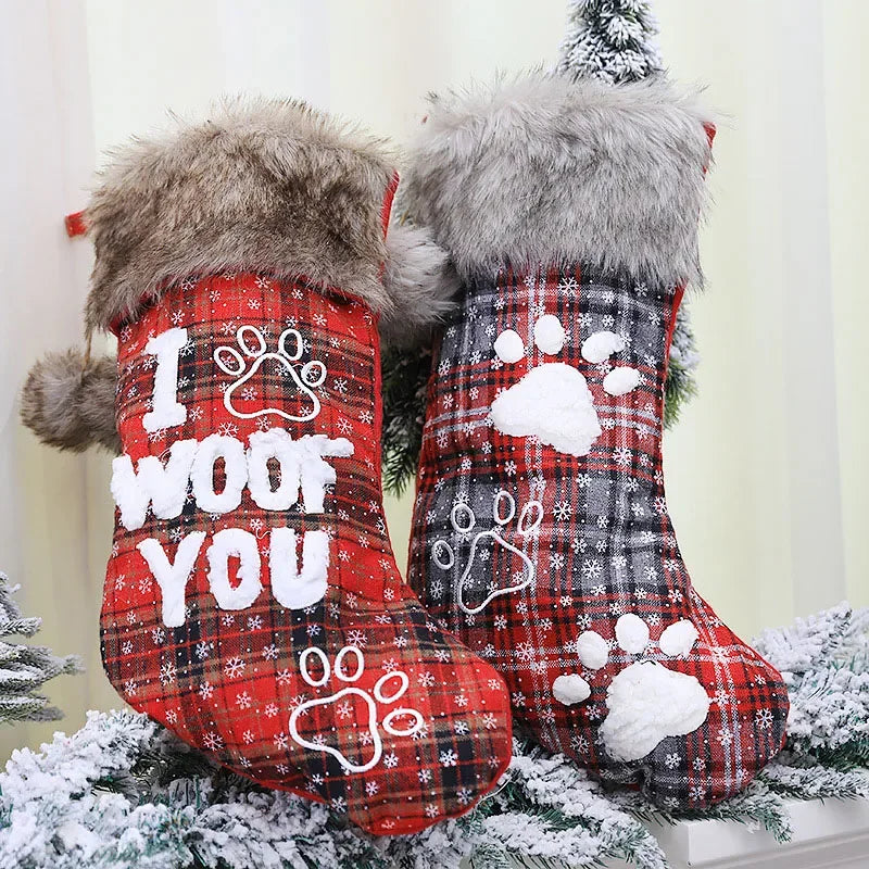 1pc Dog Christmas Ornaments Socks Pendants XMAS Fur Collar Lattice Socks Christmas Tree Decorations Navidad 2024 Wholesale