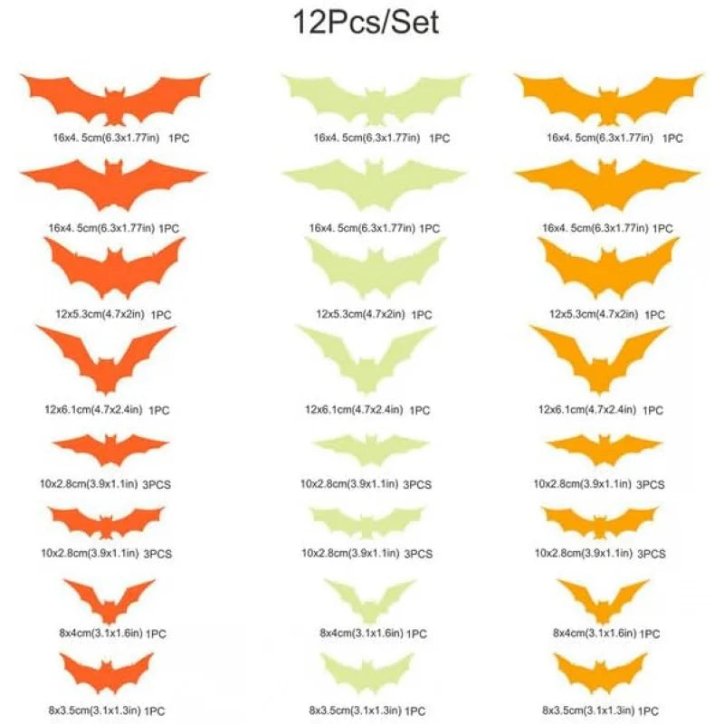 12pcs 3D Glow in the Dark Bat Wall Decor, Realistic Waterproof PVC Ghost Bats for Door and Window Halloween Party Decoration