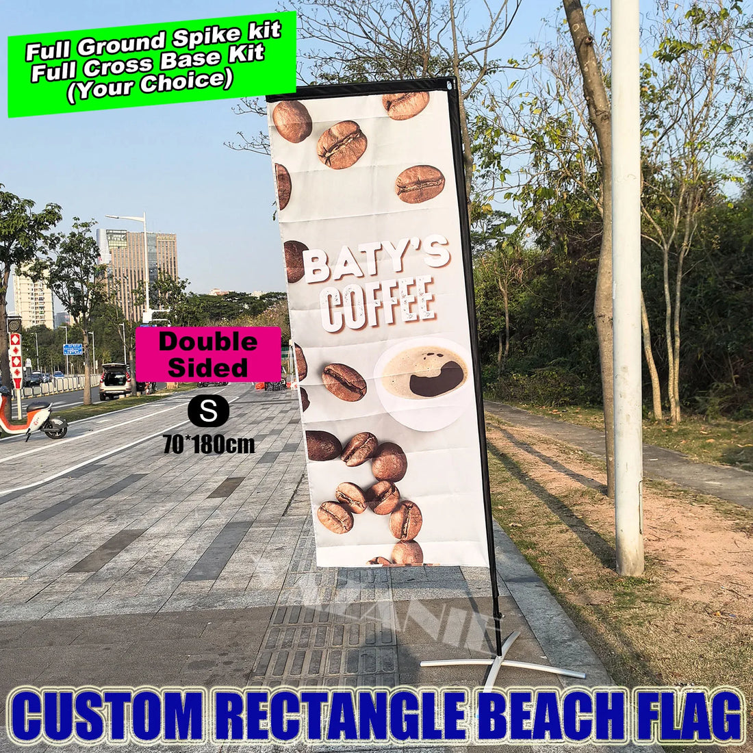 3m/4m Custom Rectangle Beach Flag with Pole Kit Cross Base Ground Spike Carry Bag Single/Double Sided Outdoor Advertising Banner