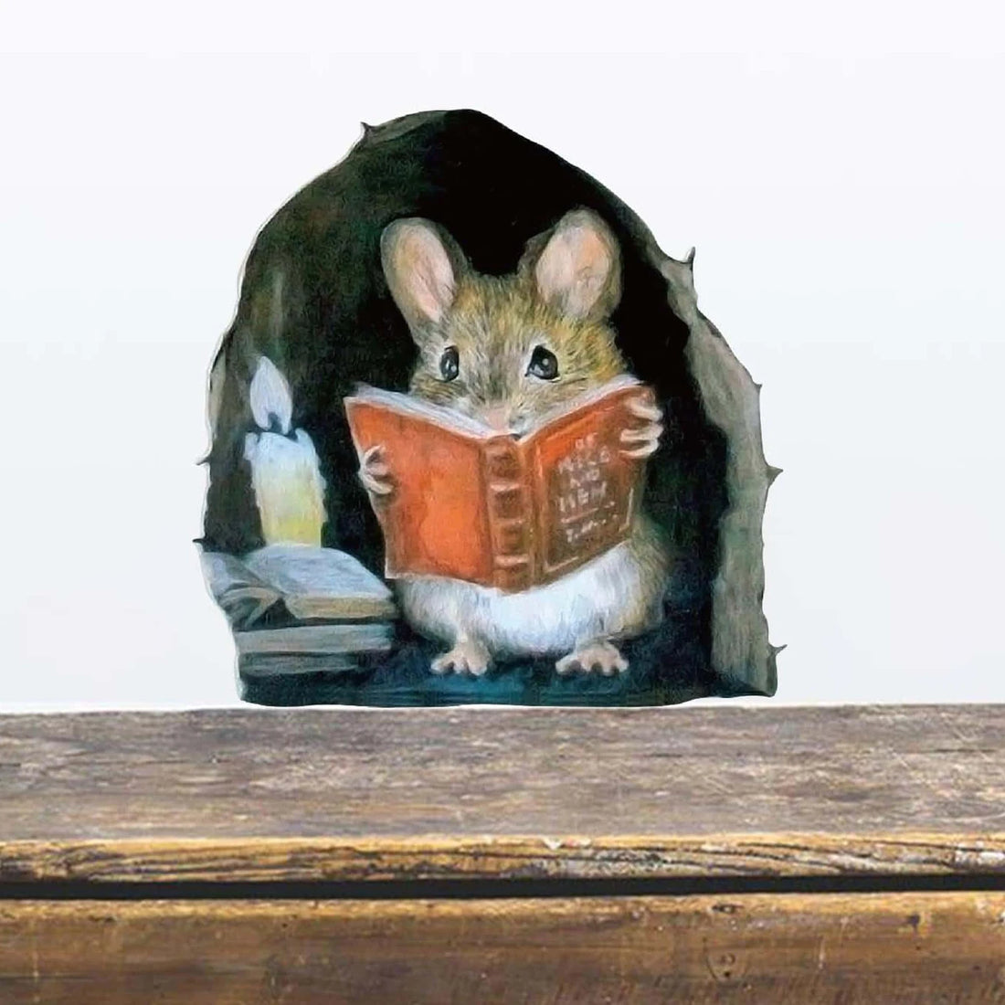 1PC 3D Effect Mouse Hole Sticker Read Flowering Branch Mouse Cute Animal Home Decor Residue Free Adhesive Wallpaper 3.93x3.93in
