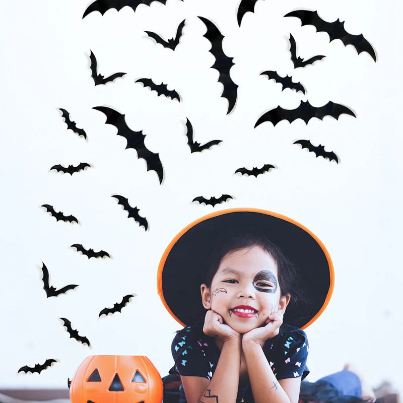 12pcs Halloween 3D Black Bat Wall Stickers Removable Halloween DIY Wall Decal Halloween Party Decoration Horror Bats Stickers
