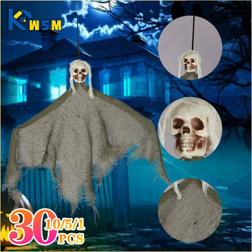 Halloween Horror Decoration Hanging Ghost Skull Props with Flag for Haunted House Outdoor Yard Party Holiday Scene Setup Use