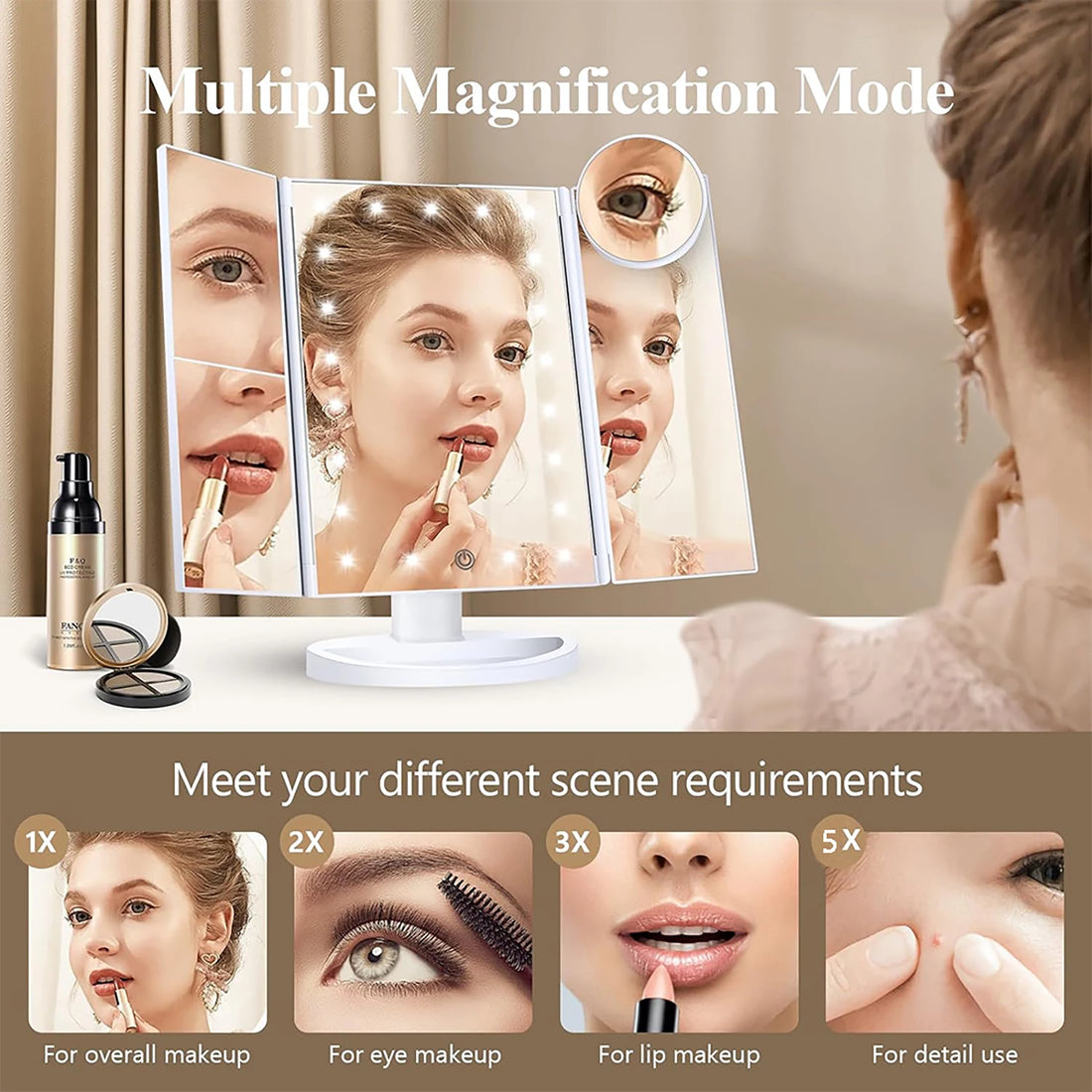 Fashionable foldable LED magnifying makeup mirror, desktop organizer mirror, a wonderful gift for Valentine's Day, birthday