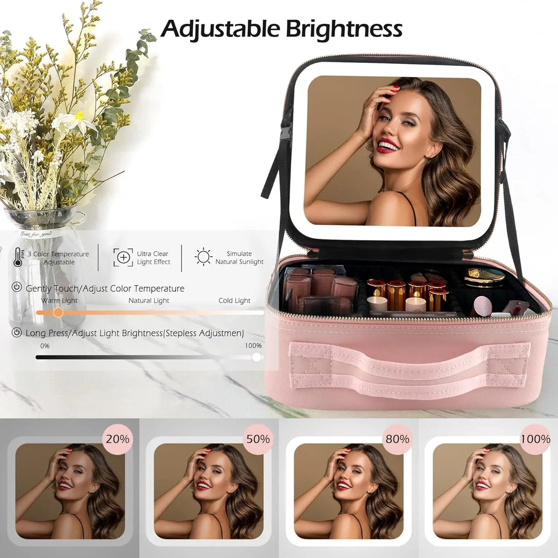 Makeup Bag with Mirror and Light Large Travel Train Case Cosmetic Organizer Portable Storage with Adjustable Dividers for Gifts