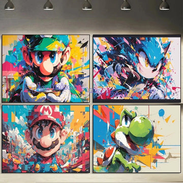 Graffiti Watercolour Art Mario Poster Prints Playroom Canvas Paintings Wall Picture Living Room Kids Bedroom Home Decor Cuadros