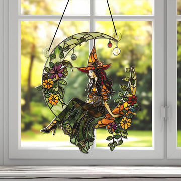 Acrylic Halloween Witch on Moon Suncatcher, Colorful Floral, Art Leaf, Crescent Moon Hanging Window Ornaments for Home & Garden