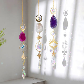 1pc,Agate Raw Stone Artificial Crystal Wall Hanging,Sun Eyes And Stars Moon Pendant, Home Decorations,Garden Sunny Catcher