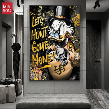 MINISO Donald Duck Hunt for Money Golden Graffiti Art Posters and Prints Fashion Luxury Paintings on the Wall Art Pictures De