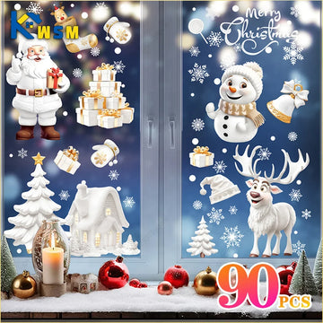 90PCS Christmas Window Stickers White Christmas Snowman Christmas Tree Static Cling Window Christmas Decoration Stickers