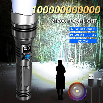 100000000000LM New Upgrade Rechargeable LED Flashlights 3 Lighting Modes Power Bank Telescopic Zoomable Torch 21700 Battery