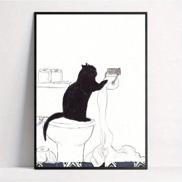 Cartoon Art Black Cat Standing on Toilet Holding Tissue Ideal Gift for Bedroom Living Room Wall Art Decoration Room Decor