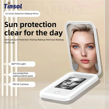 UV Smart Sunscreen Test Makeup Mirror with HD Camera with Refill Light 2X Magnifying Travel Makeup Mirror for Sunscreen Testing