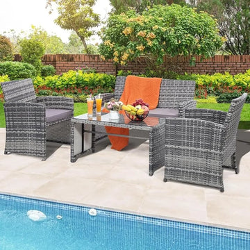 4 Pieces Rattan Patio Furniture Set w/Cushion & coffee table for Garden, Porch, Backyard, Outside Sectional Cushioned Sofa Set