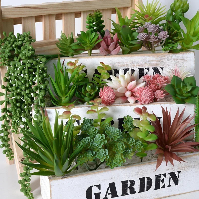 12pcs Artificial Succulents Plants Green Faux Succulent Plant Home Garden Small Bonsai Decor Flower Desktop Fake Plants