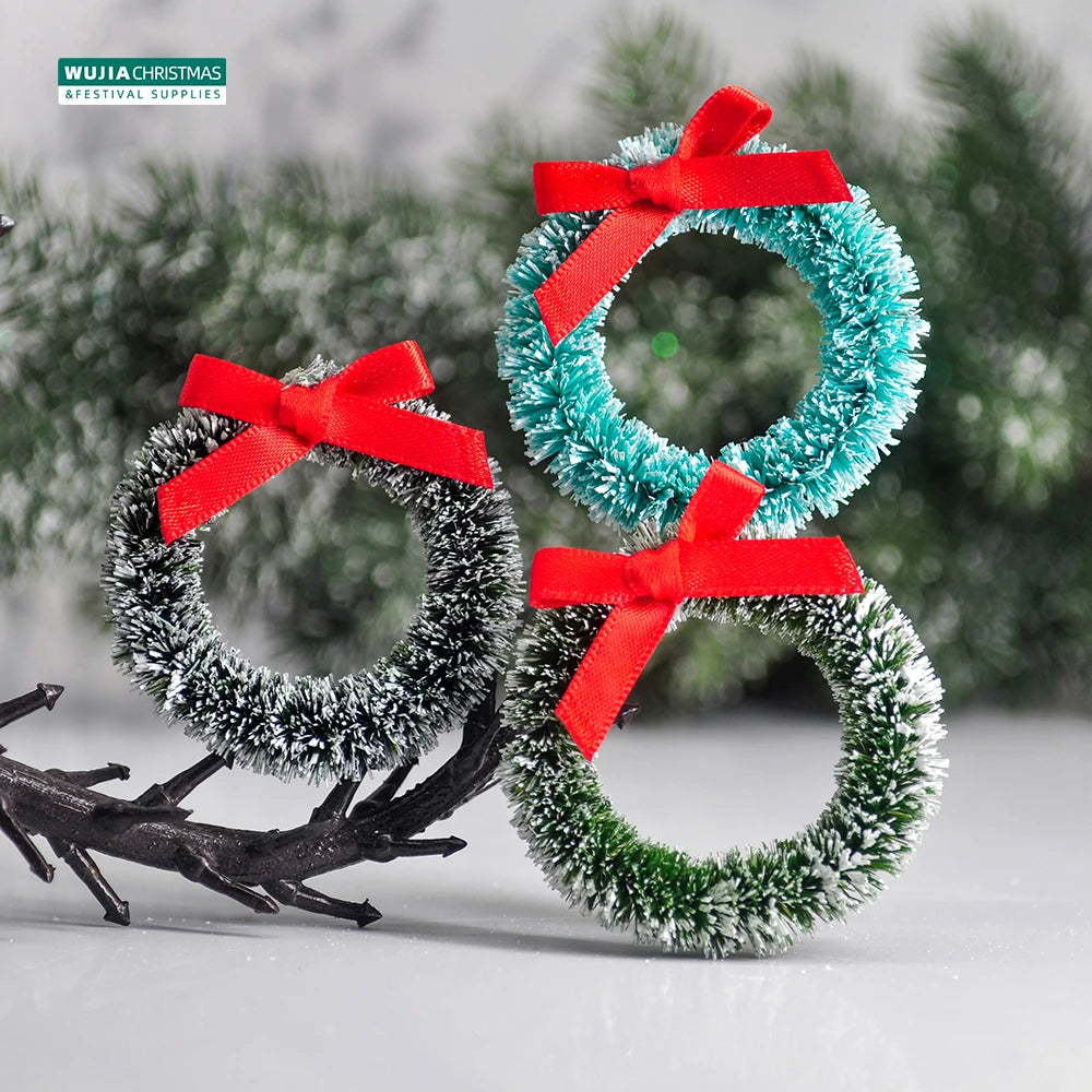 12pcs Christmas Wreath with Bow Xmas Tree Decor Mini Door Garland Hanging Ornaments DIY Dollhouse Pendant for Wedding Noel Party