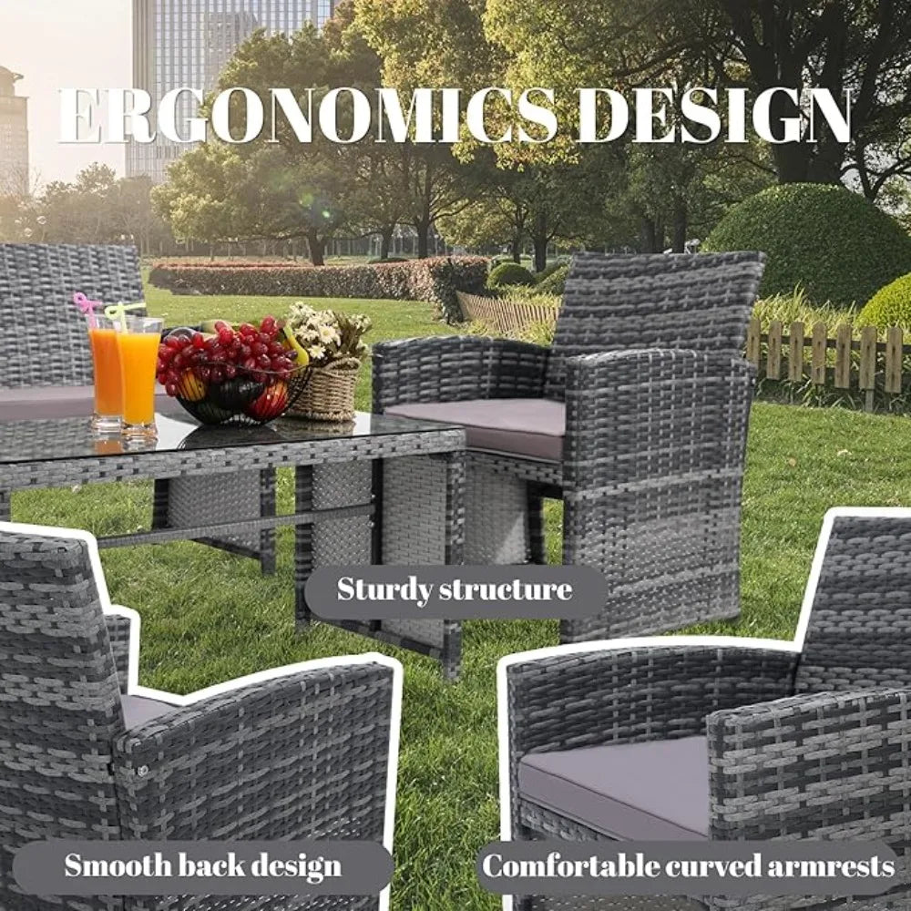 4 Pieces Rattan Patio Furniture Set w/Cushion & coffee table for Garden, Porch, Backyard, Outside Sectional Cushioned Sofa Set
