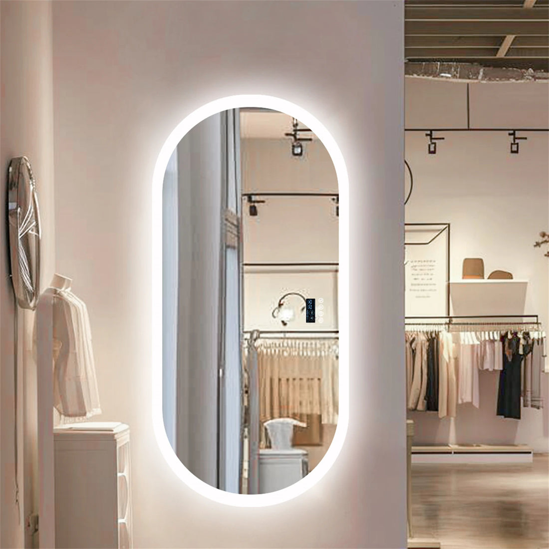 Large Bathroom Mirror Oval LED Vanity Mirror Wall Mounted w Bluetooth, Digital Display, Back Front Lit, Anti Fog for Hotel Hall