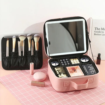 Makeup Bag with Mirror and Light Large Travel Train Case Cosmetic Organizer Portable Storage with Adjustable Dividers for Gifts