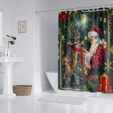1pc Merry Christmas Print Waterproof Shower Partition Curtain Multi Size Privacy Protection with 12 Hooks Easy Installation