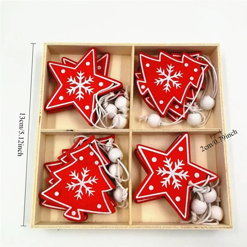12-Piece Wooden Christmas Decorations Set - Pure Wood Pendants (Deer, Bells, Snowflakes, Stars) | Xmas Tree Ornaments