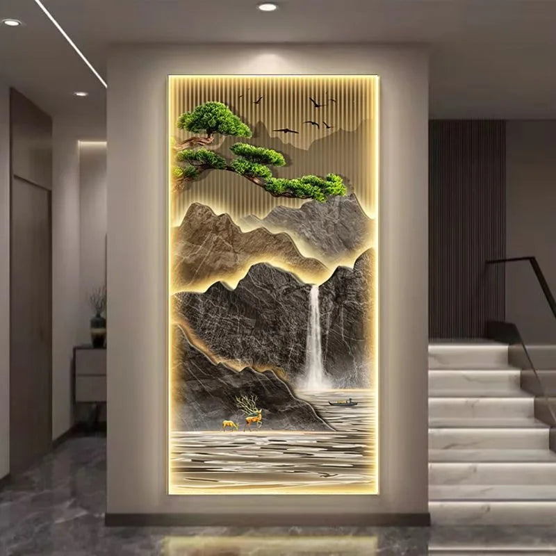 New Chinese Style Welcome Pine Decoration Painting Waterfall Landscape Wall Art Canvas Painting Light Luxury Home Decor Poster