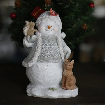 European Christmas Resin Gray Blue Yarn Effect Christmas Snowman with Animal Gathering Window Decoration