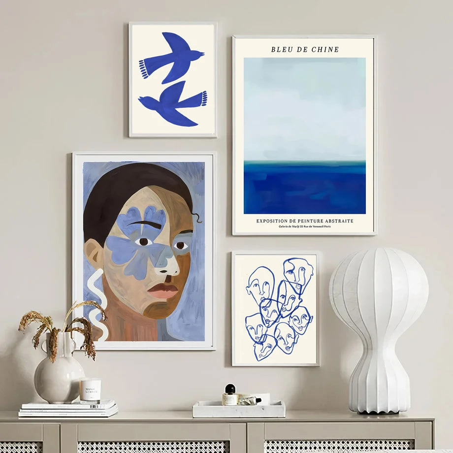 Abstract Blue Geometric Face Lines Canvas Painting Curve Girl Vase Dove Wall Art Posters Print Picture Nordic Bedroom Home Decor