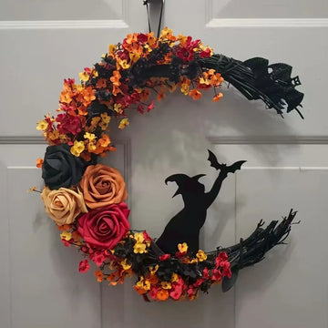 Halloween Witch Cat Rose Wreath Hanging Gothic Crescent Moon Christmas Wreath For Home Party Wall Window Indoor Outdoor