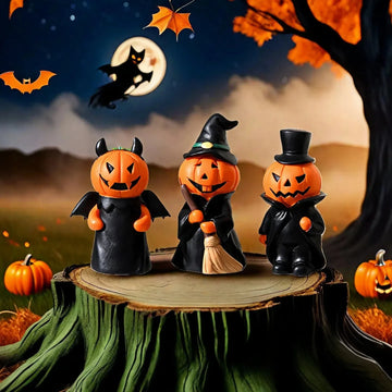 Three-piece set of Halloween decorative items featuring scary pumpkin dolls for haunted house party or table decoration, a fun a