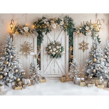 Christmas Winter Wooden Door Background Children Adult Photography Baby Props Christmas Wreath Snow Farm Decoration Background