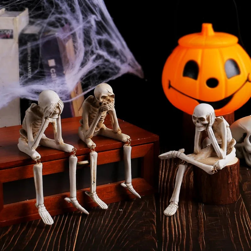 Halloween Statues Resin See Speak Hear No Evil Skeleton Figurines Resin Realistic Skull Decor for Bookshelf Table Edge Ornament