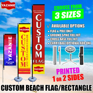 3m/4m Custom Rectangle Beach Flag with Pole Kit Cross Base Ground Spike Carry Bag Single/Double Sided Outdoor Advertising Banner