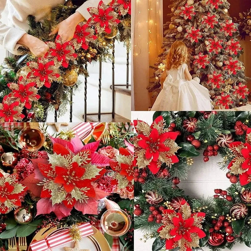 10/5/1pcs 14.5cm Glitter Artifical Christmas Flowers  Christmas Tree Decoration Happy New Year Ornaments Xmas Fake Flowers natal