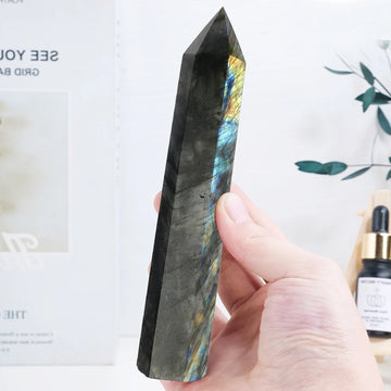 Natural Crystal Labradorite Hexagonal Column Crystal Point Mineral Ornament Healing Wand Home Decoration Big Size 8-15cm Tall