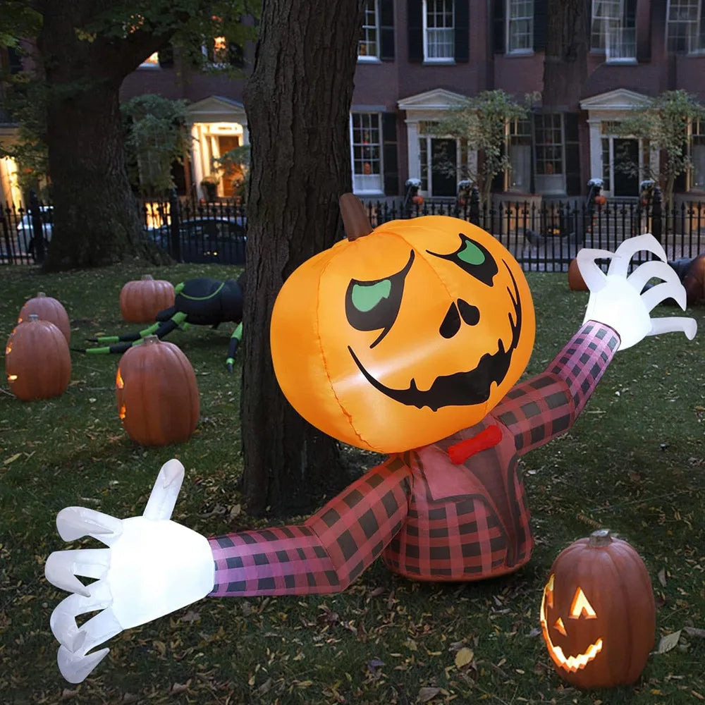 1.2M Halloween Pumpkin Wearing Checkered Shirt Inflatable Decoration Gentleman Ghost Halloween Inflated Toys Outdoor Garden Deco