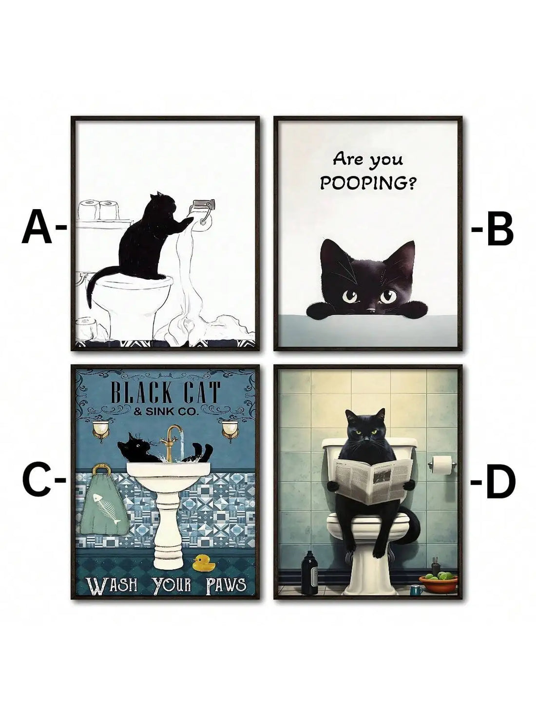 Cartoon Art Black Cat Standing on Toilet Holding Tissue Ideal Gift for Bedroom Living Room Wall Art Decoration Room Decor
