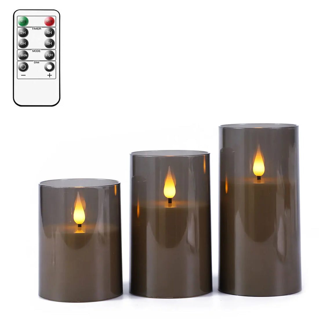 Pack of 3 Grey/Gold Acrylic Cup Flameless Candles Battery Powered Timer, Remote Control, LED Cylindrical Fake Glass Candle